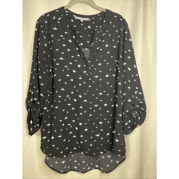 Daniel Rainn Top Womens L Black Floral V-Neck Pleated Back Career 3/4 Sleeves - Picture 1 of 8